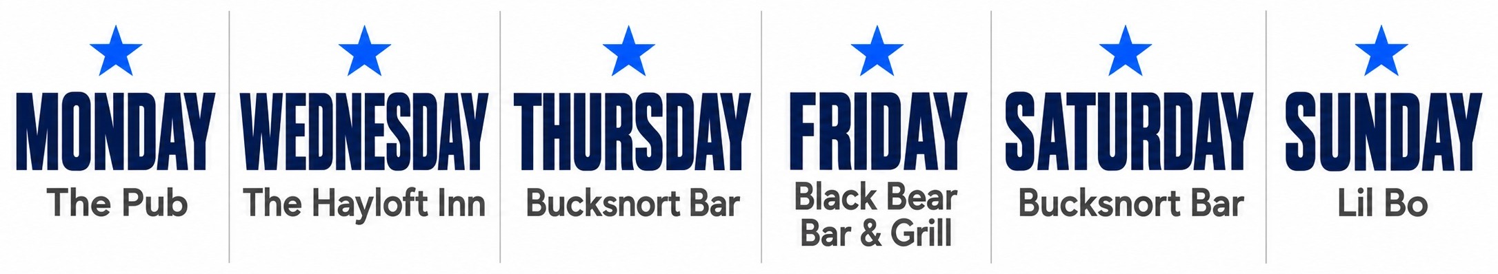 Jump to a karaoke night: Monday at The Pub, Wednesday at The Hayloft Inn, Thursday and Saturday at Bucksnort Bar, Friday at Black Bear Bar & Grill, or Sunday at Lil Bo.