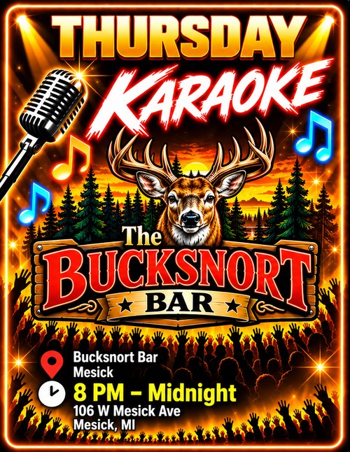 Thursday karaoke at Bucksnort Bar in Mesick, 8 PM to midnight
